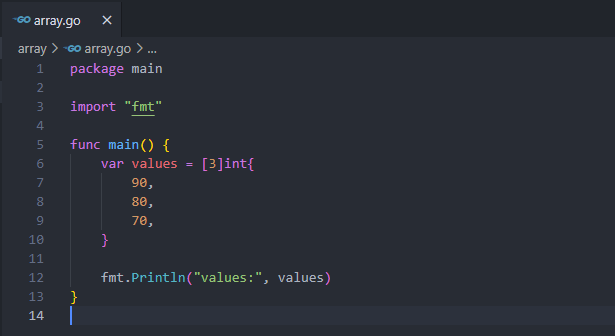 Membuat array langsung pada golang