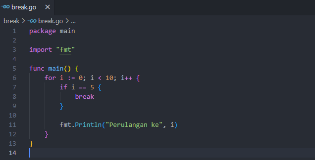 Menggunakan break pada perulangan golang