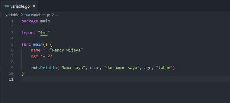 Deklarasi variable pada golang tanpa kata kunci var