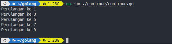 Output continue pada perulangan golang