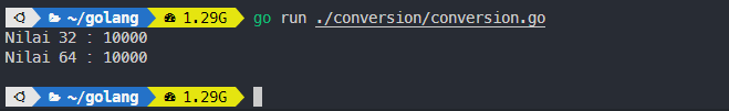 Output konversi tipe data pada golang