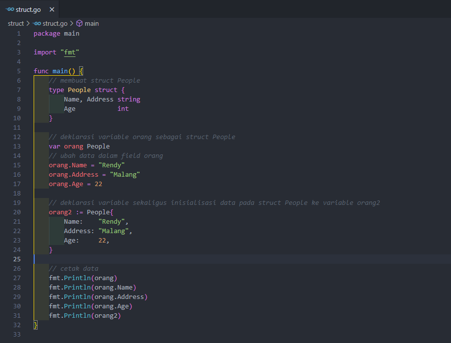 Membuat dan menggunakan struct pada golang