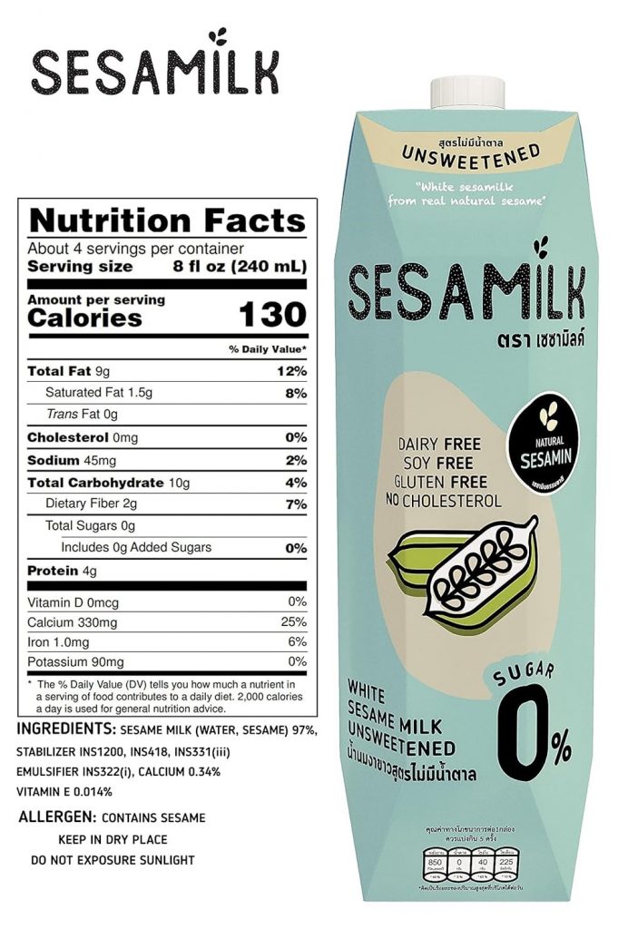 Nutrition facts Sesamilk unsweetened white sesame milk by google image