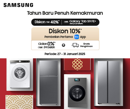 Beli produk Home appliance lebih hemat dengan diskon hingga 40%, tambahan diskon 10% untuk transaksi pertama di Shop App, cicilan 0% s.d. 24 bulan, dan tukar tambah metode Smart Exchange.