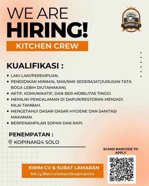 dibutuhkan segera crew kitchen di Kopinan 24 Solo, terbuka untuk yang baru belajar. kirim cv ke 0896