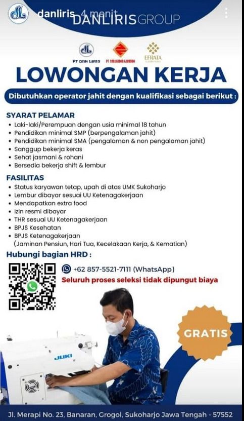 Lowongan 3 PT di SUKOHARJO, Gaji UMK. SMP Boleh