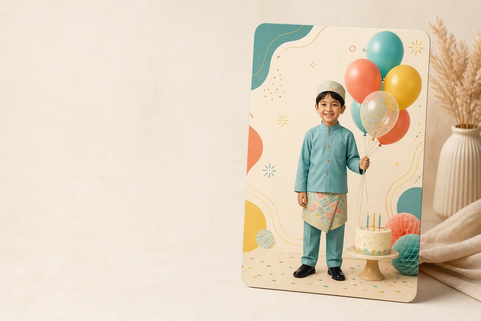 Kartu undangan digital ulang tahun dengan anak, balon, dan kue