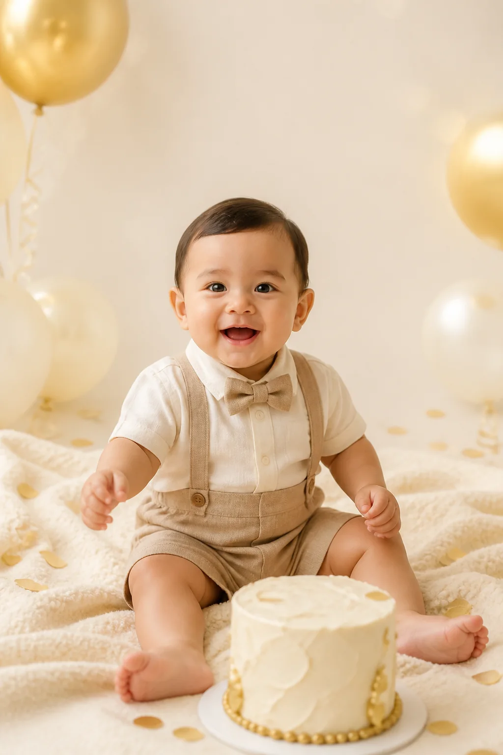 Bayi laki-laki tersenyum dalam suasana pesta ulang tahun champagne