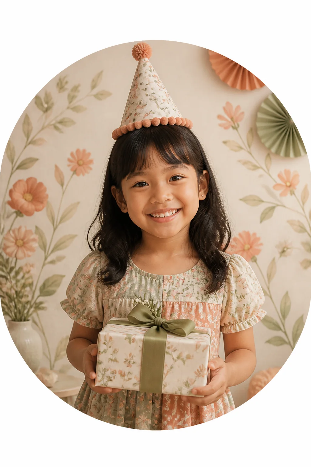 Anak Indonesia tersenyum memakai topi pesta ulang tahun dan memegang hadiah