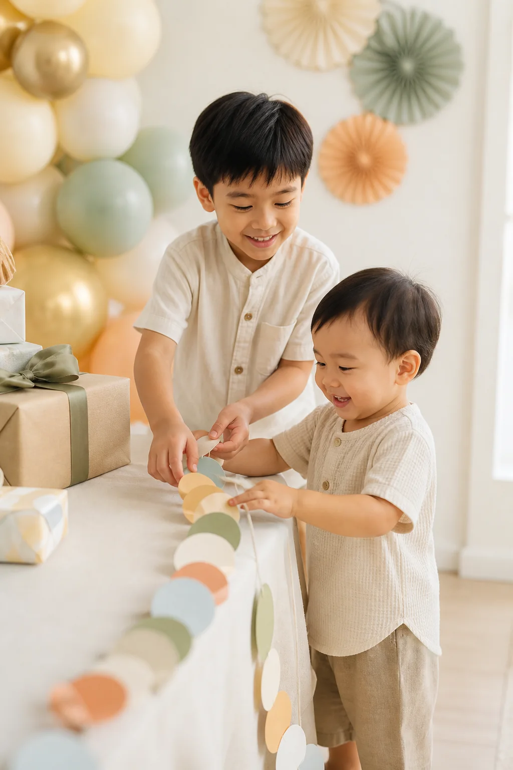 Dua anak kecil menyiapkan dekorasi pesta ulang tahun
