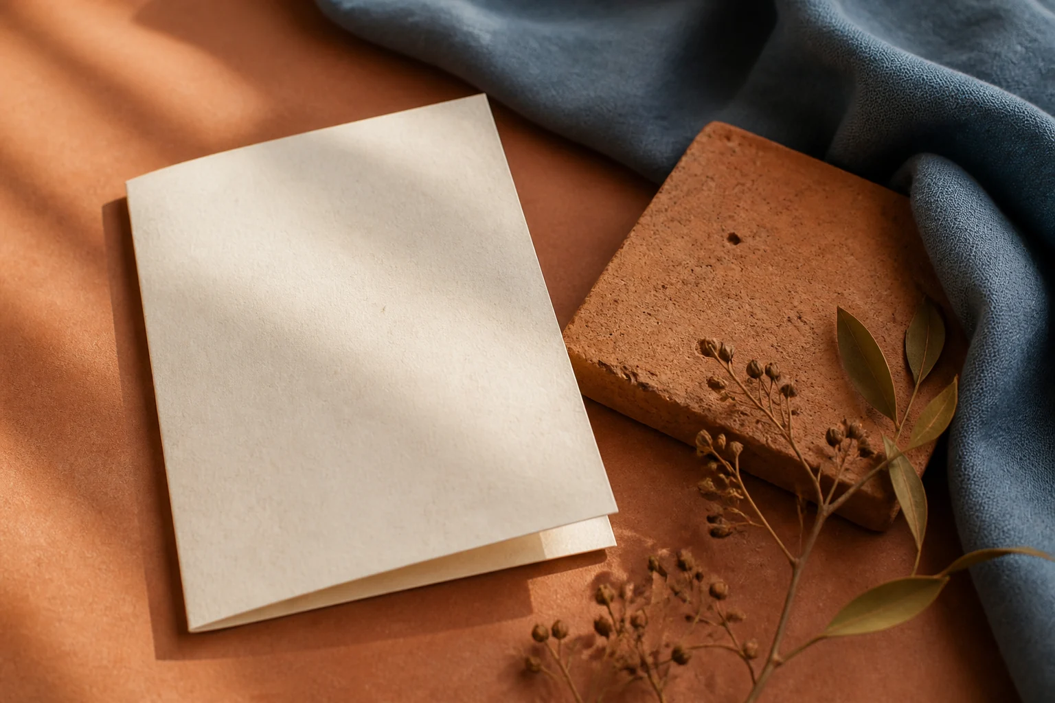 Kertas ivory, ubin tanah liat, kain slate, dan ranting kering
