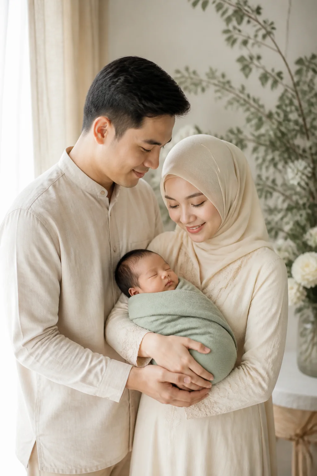Orang tua Indonesia menggendong bayi dalam suasana aqiqah yang hangat