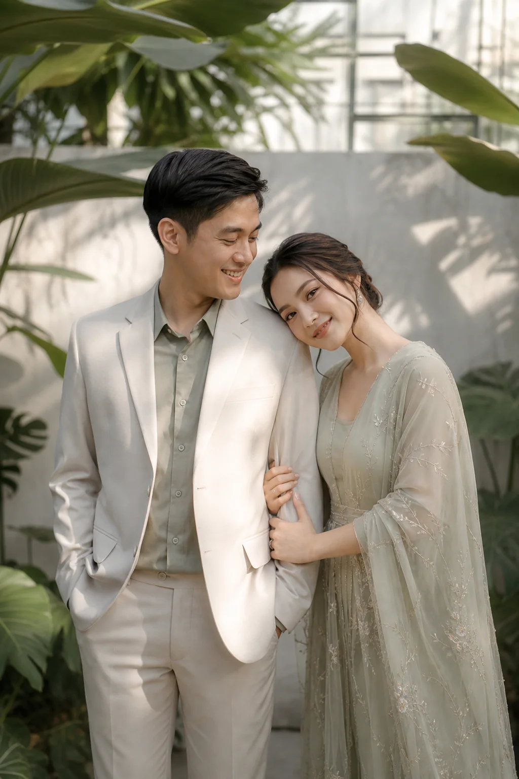 Pasangan Indonesia dalam sesi foto prewedding bernuansa botanical