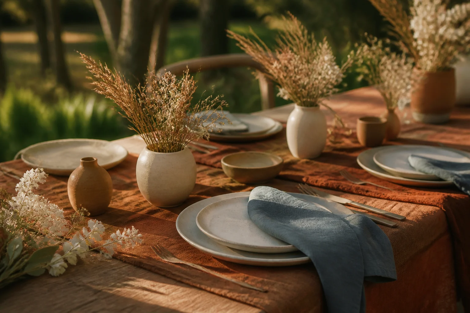 Meja perayaan dengan linen terracotta, keramik matte, dan bunga kering
