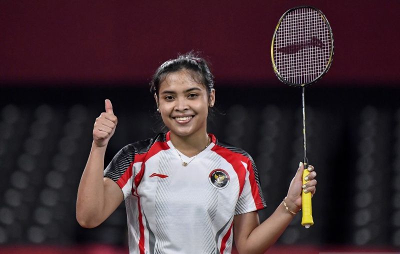 Tunggal putri Indonesia Gregoria Mariska Tunjung mengacungkan jempo