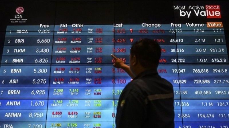 Pekerja melihat gawainya di dekat layar digital IHSG