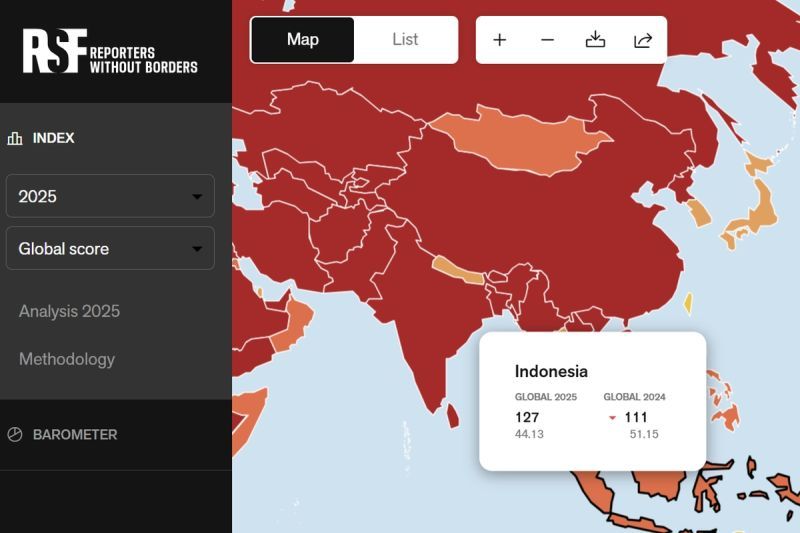 Tangkapan layar halaman Indeks Kebebasan Pers 2025 di situs Reporters Without Borders