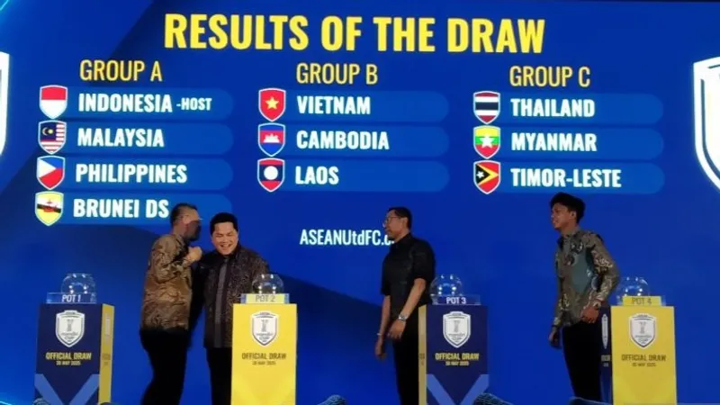 Ketua Umum PSSI Erick Thohir (kedua kiri) bersalaman dengan Presiden AFF Khiev Sameth