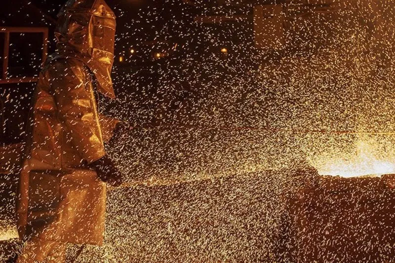 Pekerja mengeluarkan biji nikel dari tanur dalam proses furnace di sebuah smelter