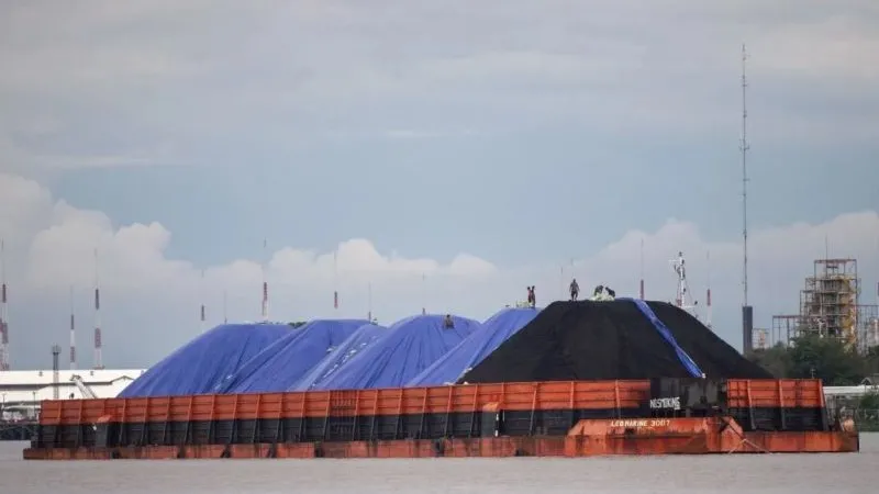 pekerja melakukan bongkar muat di atas kapal tongkang pengangkut batu bara 