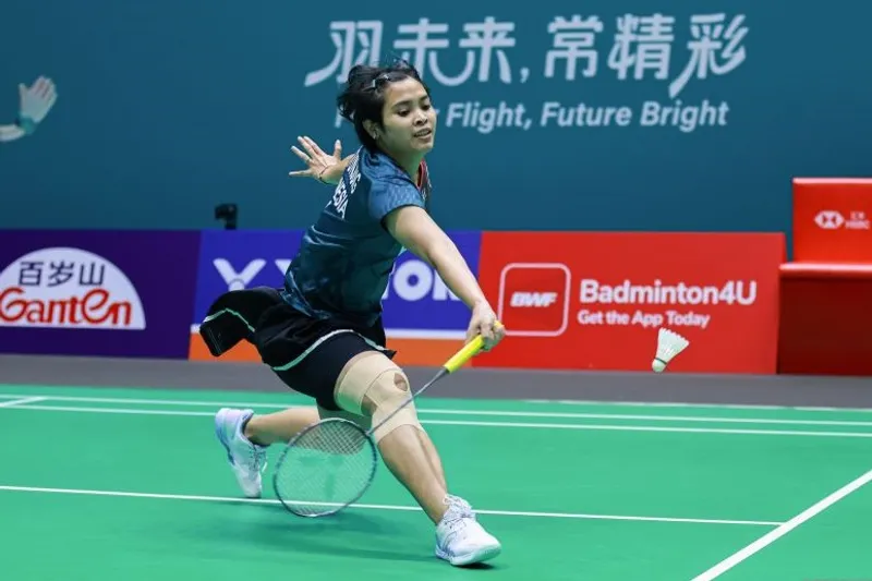 Pebulu tangkis tunggal putri Indonesia Gregoria Mariska Tunjung saat bertanding dalam pertandingan babak 32 besar China Open 2025 yang berlangsung di Olympic Sports Center Gymnasium, Changzhou, Selasa (22/07/2025). ANTARA/HO-PBSI