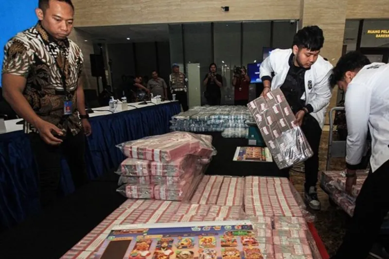 Petugas memeriksa barang bukti kasus judi daring uang nilai sekitar Rp 194,7 miliar