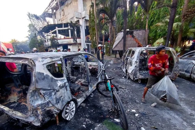 Sejumlah orang membawa barang hasil jarahan usai Kantor DPRD Kota Makassar 