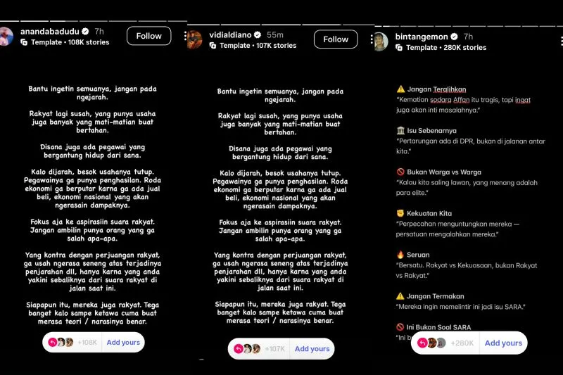 Kolase unggahan Instagram Ananda Badudu, Vidi Aldiano, dan Bintang Emon 