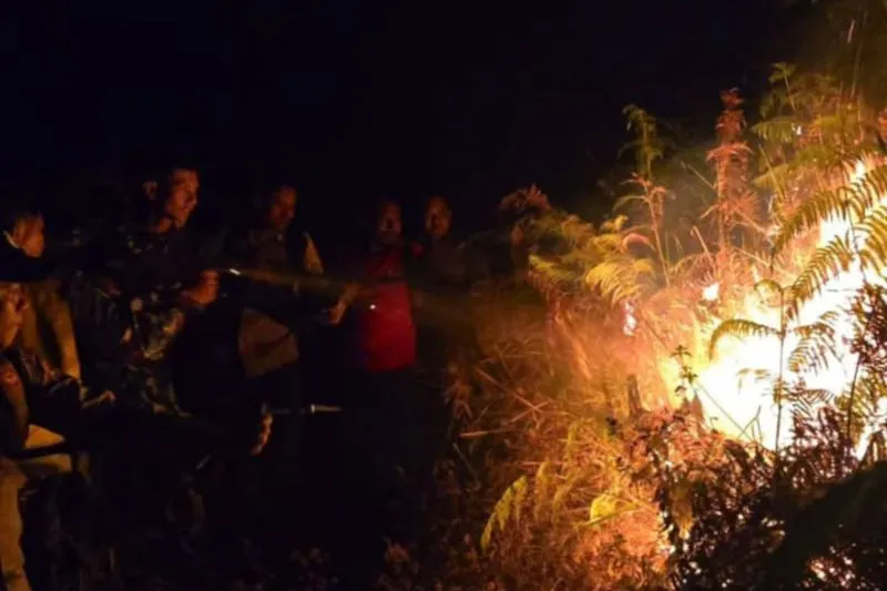 Petugas gabungan dari Balai TNGR saat melakukan pemadaman kebakaran lahan