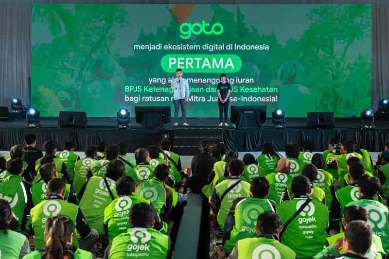Kumpulan ojol Gojek saat mengahdiri pengumuman GoTo Tanggung Iuran BPJS 