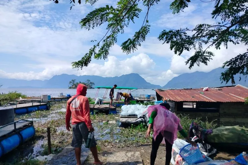 Petani keramba jaring apung sedang  berada di Danau Maninjau 