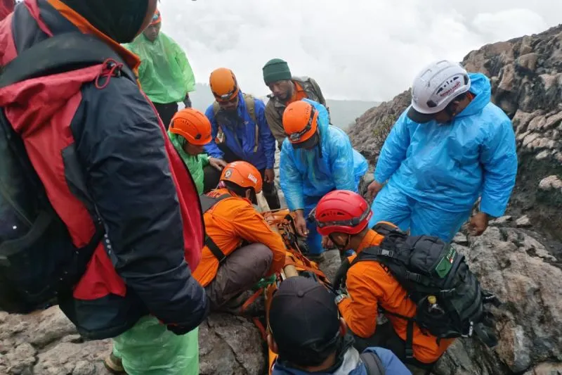 Petugas SAR gabungan mengevakuasi jenazah pendaki meninggal di Gunung Slamet
