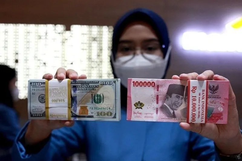 Petugas menunjukkan uang rupiah dan dolar AS