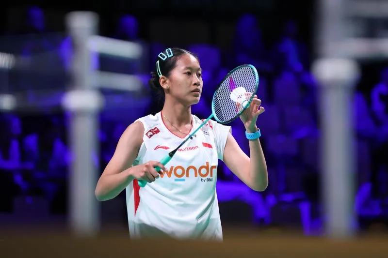 Pebulu tangkis tim Uber Indonesia Putri Kusuma Wardhani saat tampil di Thomas & Uber Cup 2026 yang berlangsung di Forum Horsens, Horsens, Denmark, Sabtu (25/04/2026). (ANTARA/HO-PBSI)