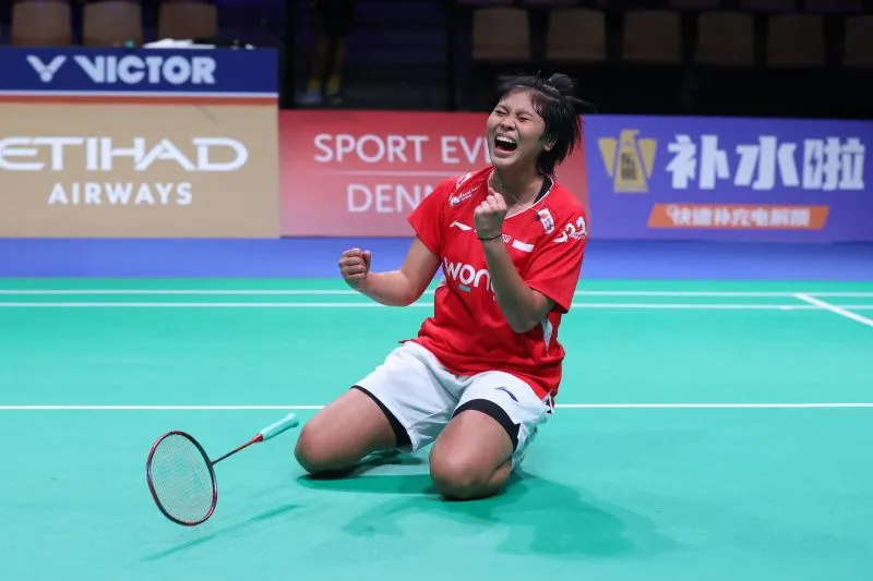 Pebulu tangkis tunggal putri Indonesia Thalita Ramadhani Wiryawan saat tampil di semifinal Piala Uber 2026 di Forum Horsens, Horsens, Sabtu (02/05/2026). (ANTARA/HO-PBSI)