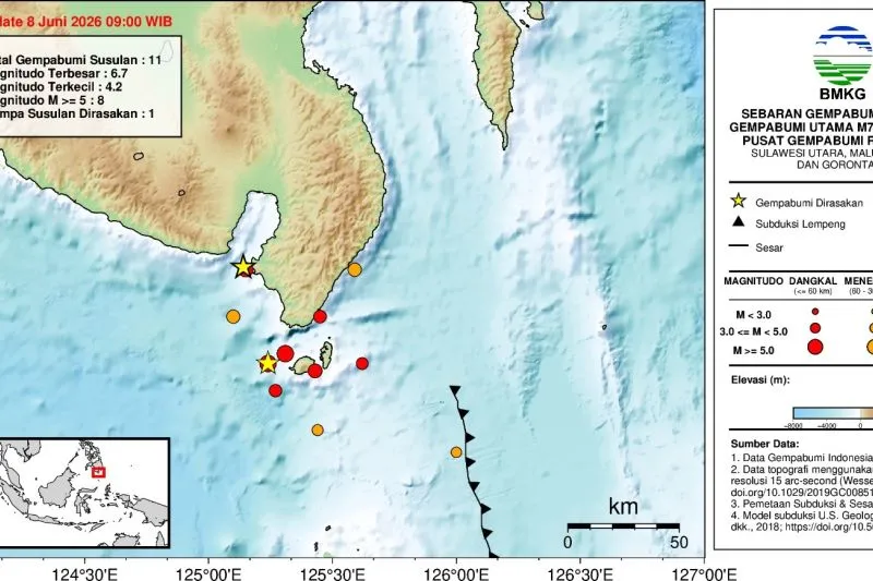 Peta sebaran gempa susulan usai gempa utama M7,7 di filipina selatan