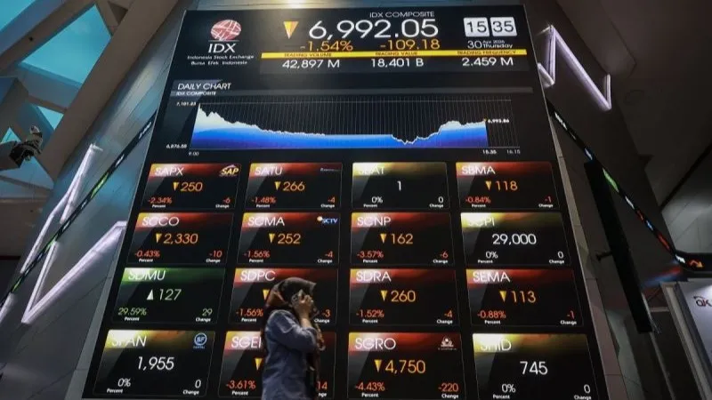 Pekerja berjalan di samping layar pergerakan Indeks Harga Saham Gabungan (IHSG) 