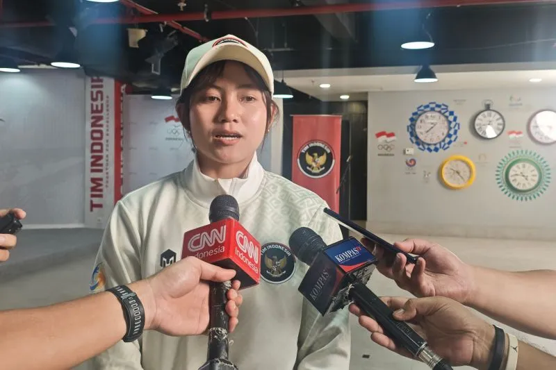 Atlet panjat tebing putri Indonesia Desak Made Rita Kusuma Dewi Atlet panjat tebing putri Indonesia Desak Made Rita Kusuma Dewi memberikan keterangan kepada awak media di Jakarta, Senin (20/4/2026). (ANTARA/Aloysius Lewokeda)