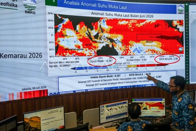 analisis anomali suhu muka laut melalui layar monitor di kantor BMKG