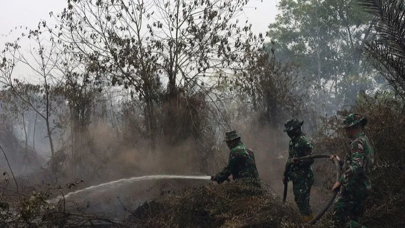 Personel Yonif TP 882/Hulubalang melakukan pembasahan untuk mencegah api kembali menyala 