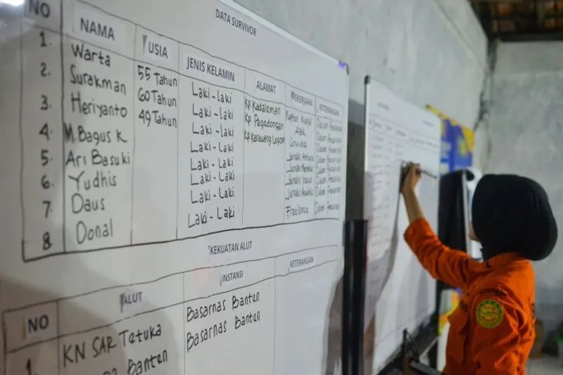 Personel Basarnas Banten menuliskan data penumpang kapal yang hilang kontak 