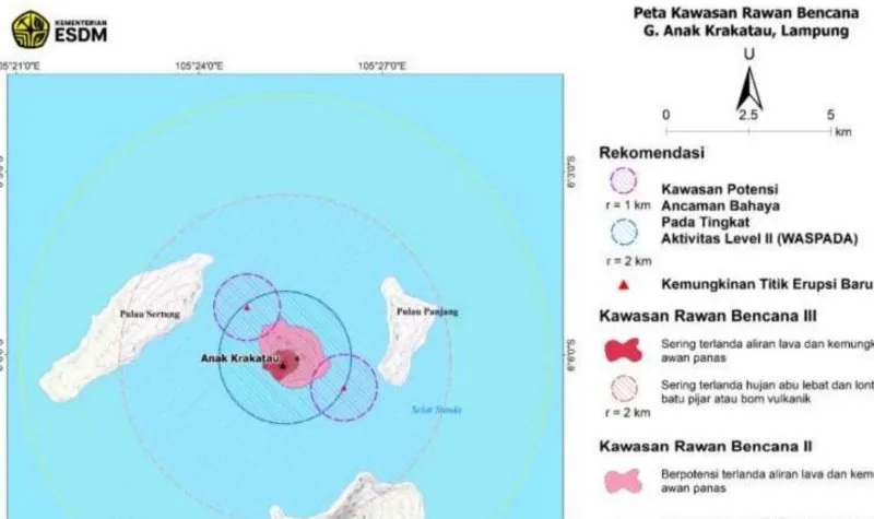 Titik lokasi dua pulau baru dalam peta kawasan rawan bencana Gunung Anak Krakatau 