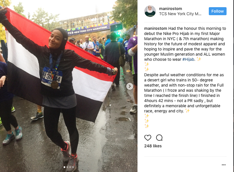 Manal Rostom menggunakan Nike Pro Hijab dalam lomba marathon di New Yor.