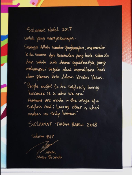 Ahok Mengucapkan Selamat Natal Lewat Tulisan Dari Balik Jeruji