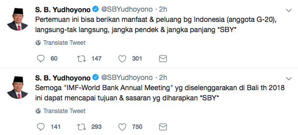 Berikut Cuitan SBY Terkait Penyelenggaraan IMF-World Bank di Bali
