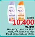 Promo Harga Marina Hand Body Lotion Natural Nutri Fresh, Natural Protects Cares, Natural Rich Moisturizing, Natural Smooth Glow 335 ml - Alfamidi