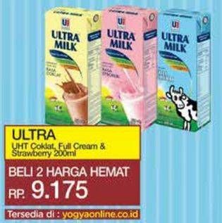 Promo Harga Ultra Milk Susu UHT Coklat, Full Cream, Stroberi 200 ml - Yogya