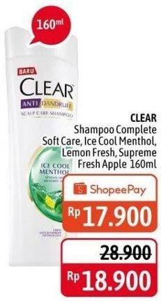 Promo Harga CLEAR Shampoo Complete Soft Care, Ice Cool Menthol, Super Fresh Apple 160 ml - Alfamidi
