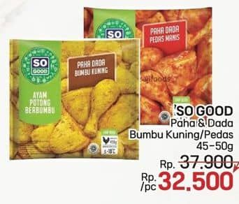 Promo Harga So Good Ayam Potong Paha Dada Berbumbu Kuning, Berbumbu Pedas Manis 450 gr - LotteMart