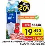 Promo Harga GREENFIELDS Fresh Milk Full Cream, Choco Malt, Low Fat 1000 ml - Superindo